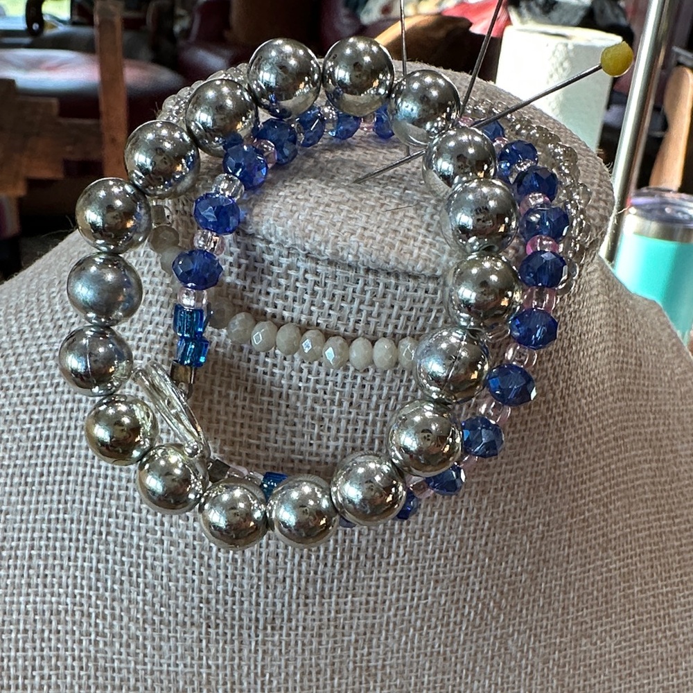 Elegant Silver Tone and Blue Crystal Beaded Bracelet Set